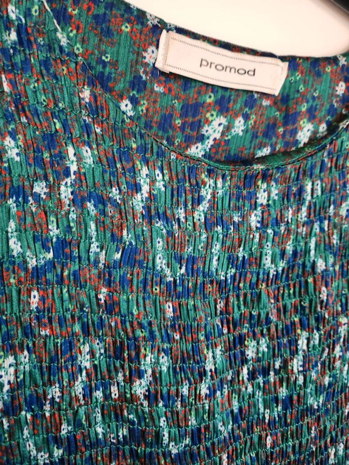Robe fleurs smocks bleu vert Promod - photo numéro 3