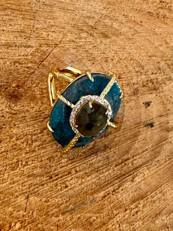 Grosse bague habaha Paris tourmaline et apatite zircons acier inoxydable or - photo numéro 4