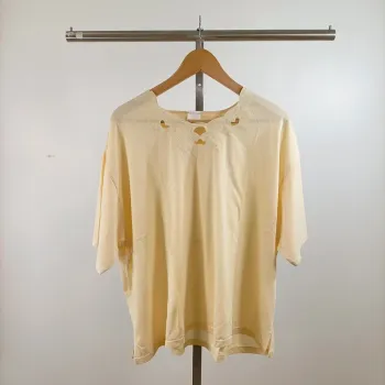 T-shirt jaune beurre clair vintage col brodé manches courtes en coton M L A1439