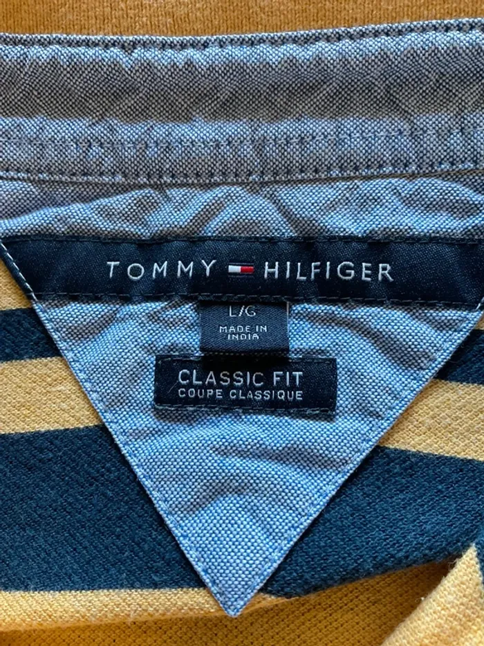 Polo manches longues moutarde à rayures bleu marine pour homme Tommy Hilfiger taille L 470 - photo numéro 10