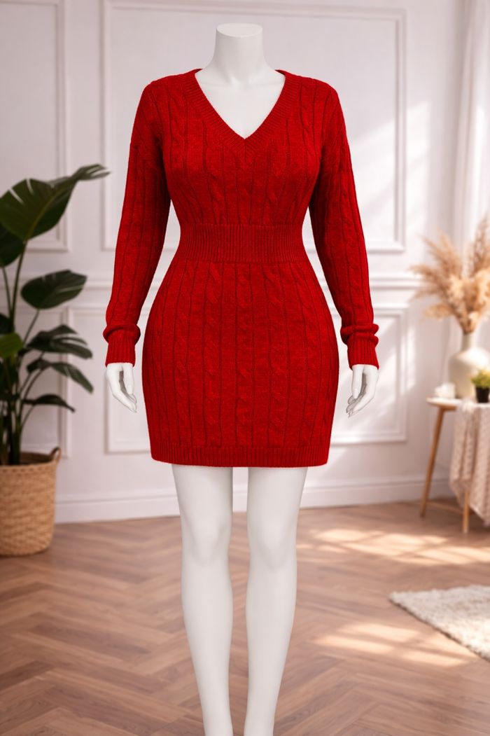 Robe pull en tricot maille torsadée rouge passion Femme taille 52 marque Boohoo 💍 - photo numéro 4