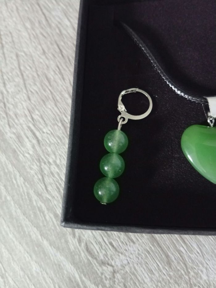 Joli ensemble collier boucles d'oreilles en pierre naturelle Aventurine verte foncé - photo numéro 3