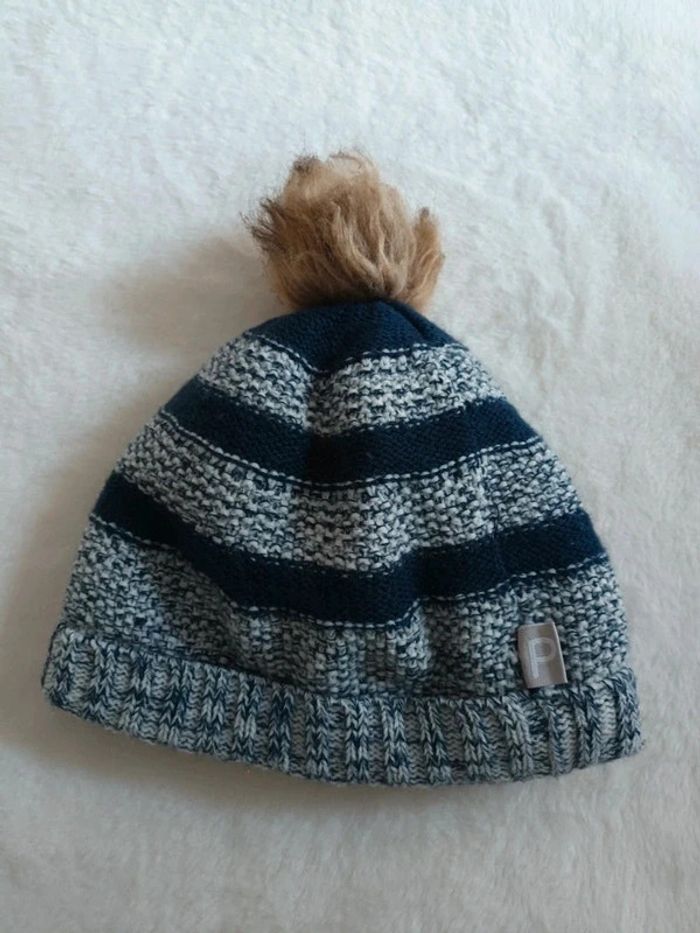 Bonnet marine & blanc avec pompon très chaud intérieur fourré polaire taille 54 / 55