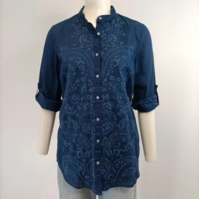Chemise col Mao - broderie fleurs - 100% coton - Bleu marine - Massimo Dutti ; 34 A293 - photo numéro 7