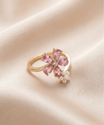 Bague doré  fleur rose petite perle blanche Neuve
