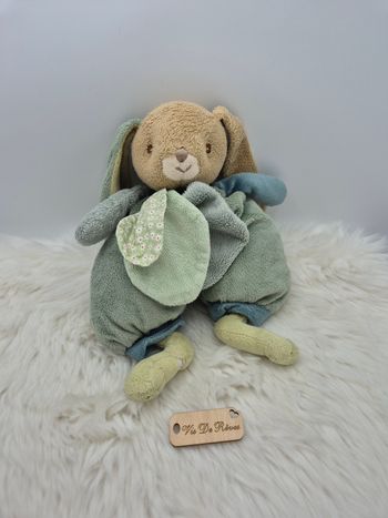 Doudou peluche Lapin Benji Vert Beige Fleur Carré Bukowski