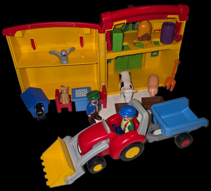 123 playmobil ferme transportable/boîte à formes 6962 + tracteur 6964 complets