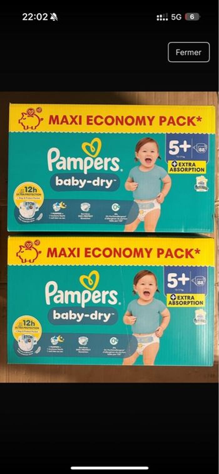 2 cartons de couches Pampers taille 5+