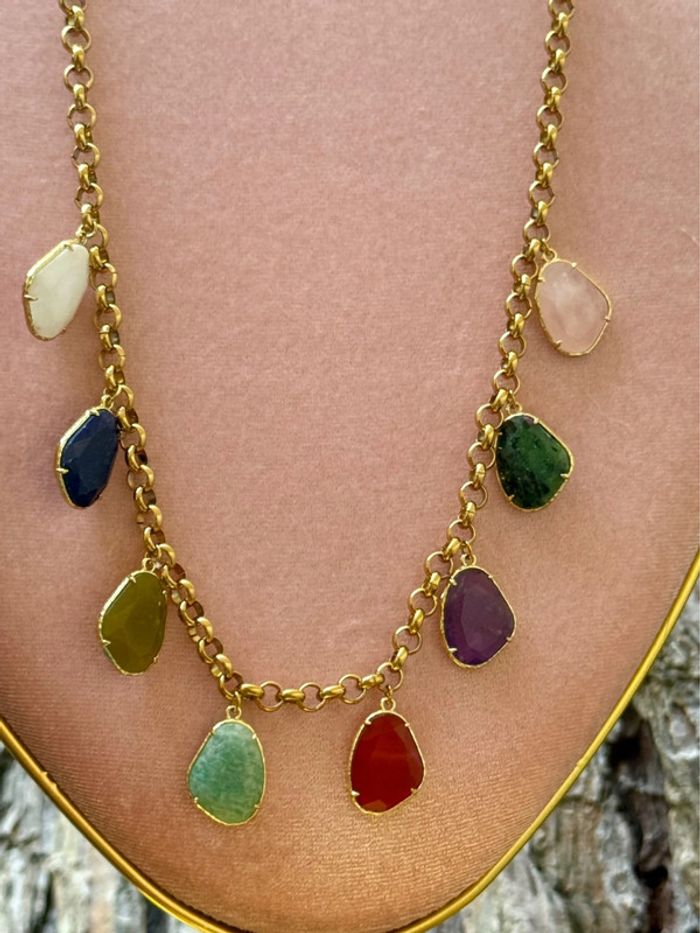 collier mailles épaisses acier inoxydable or habaha Paris pavés pierres naturelles véritables