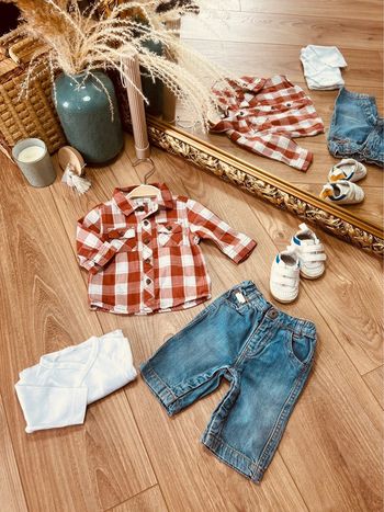 Taille 1 mois ensemble 3 pièces garçon Kiabi blanc brique et bleu jean * carreaux * 💙