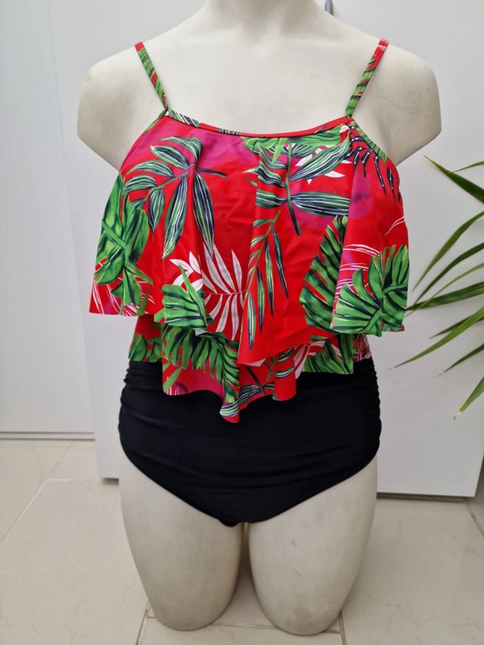 Tankini Taille Haute Maillot De Bain 2 Pieces Jungle Noir Rouge Rose Vert Volants Taille XL 44 - photo numéro 2