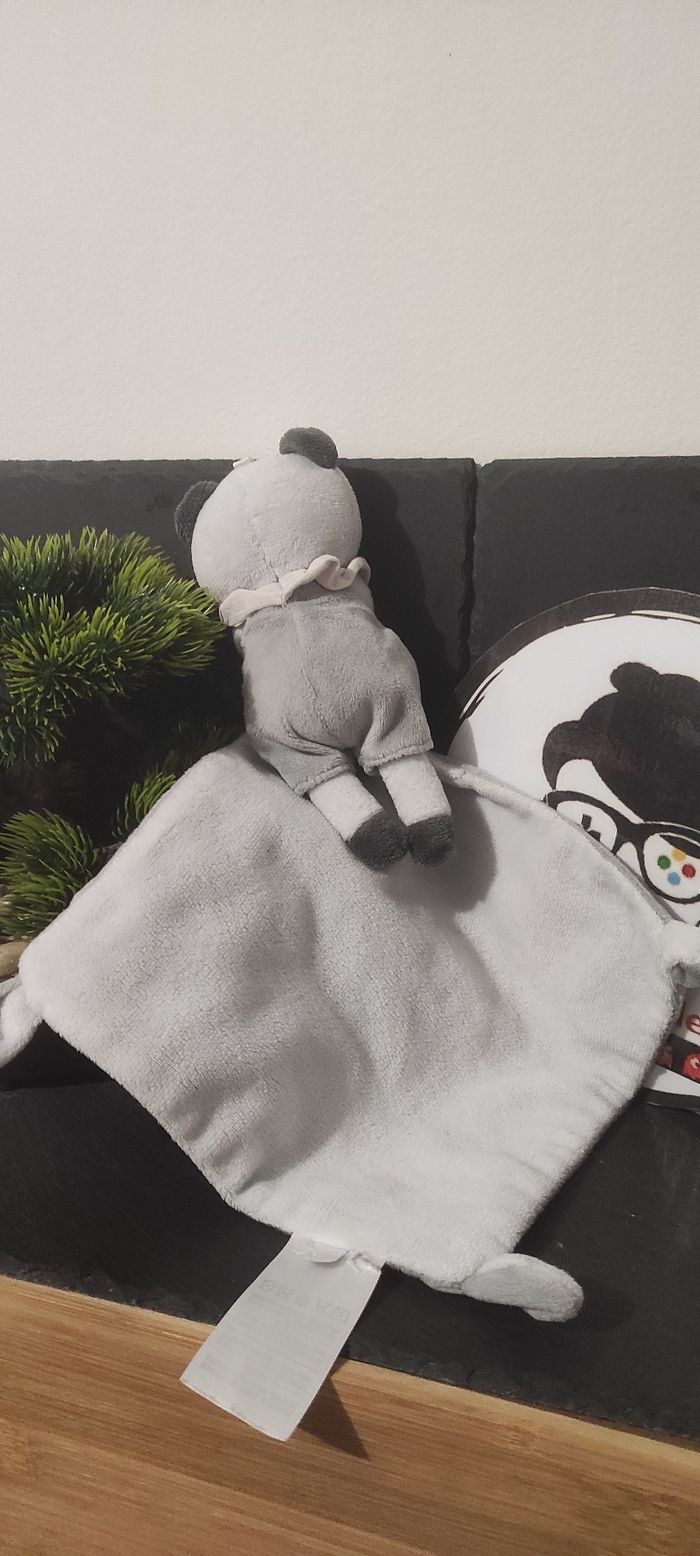 Doudou panda gris blanc pois gris argent mouchoir mots d'enfants Collerette Ours - photo numéro 2