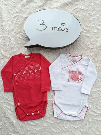 Lot de 2 bodies croisés manches longues Fille 3 mois Minnie Noël Absorba 100% coton