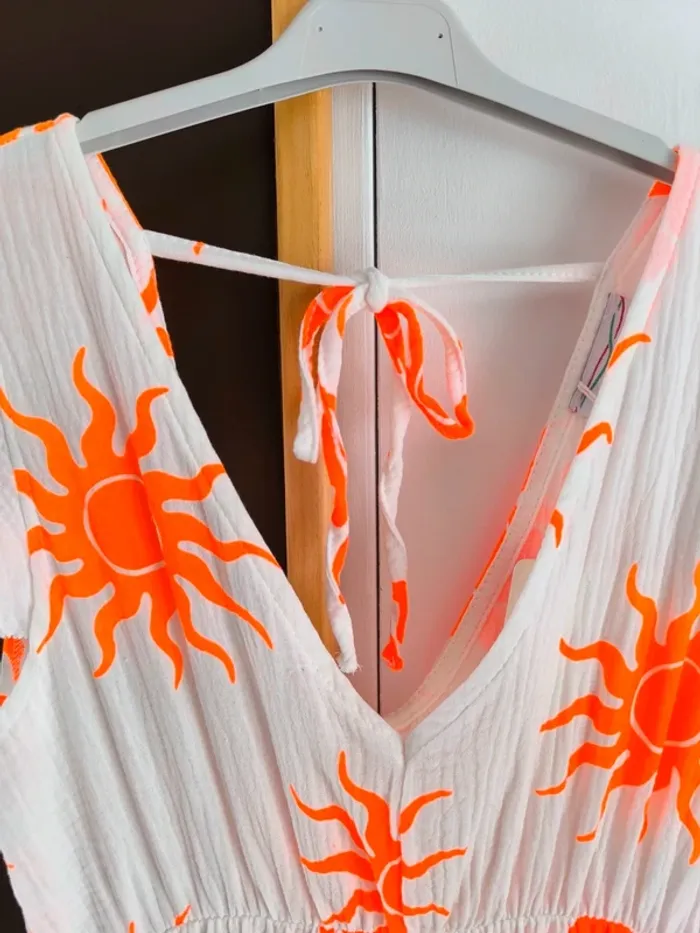 Robe longue été blanche et orange gaz de coton imprimé soleil TU 36 à 42 - photo numéro 12