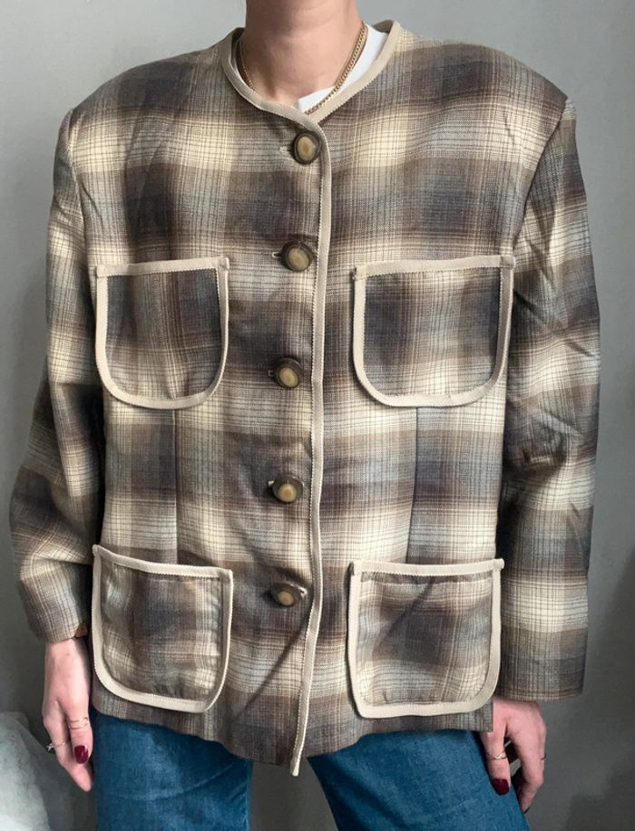 Veste droite rétro et oversize motif carreaux / rayure marron et beige - photo numéro 7