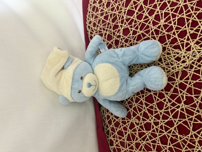 Peluche ours GIPSY bleu beige bonnet beige - photo numéro 2