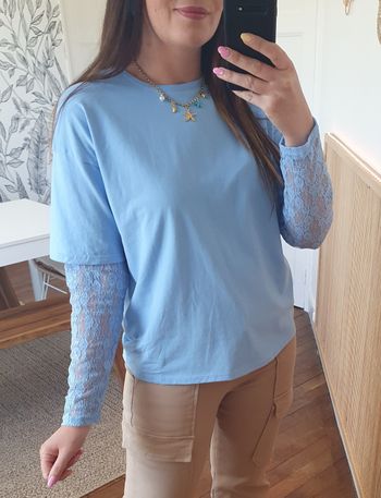 T-shirt bleu manches longues dentelle Taille unique
