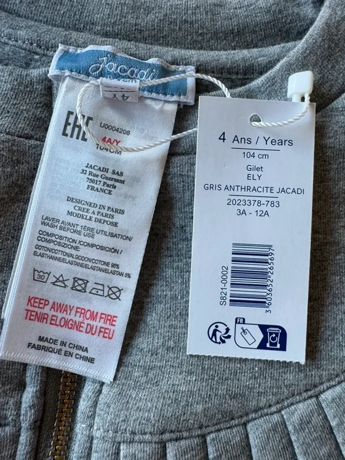 Veste/Cardigan zippée ML gris chiné, rebord plissé NEUVE - Taille 4 Ans - photo numéro 5