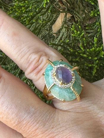 Grosse bague habaha Paris jade vert améthyste acier inoxydable or serti de zircons réglable