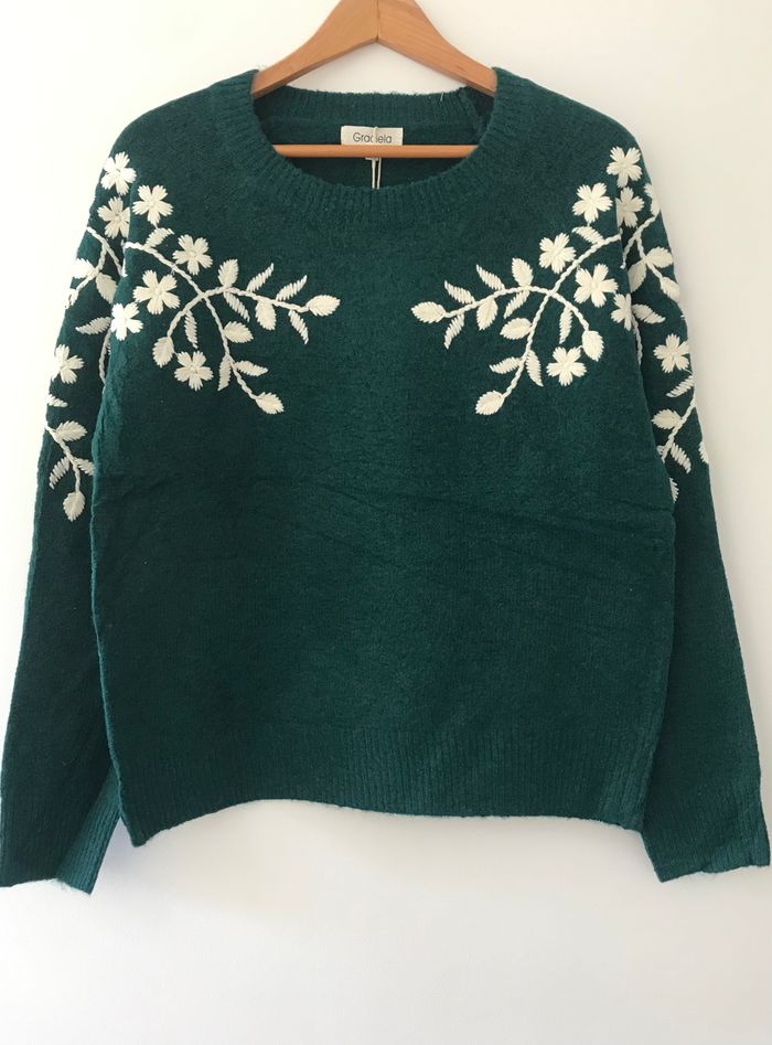 Pull Fleuri Couleur Vert Sapin - photo numéro 3