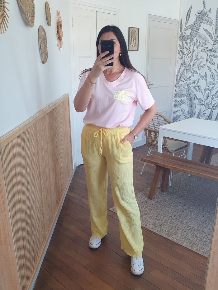 T-shirt oversize Take it easy rose/jaune Taille unique - photo numéro 5