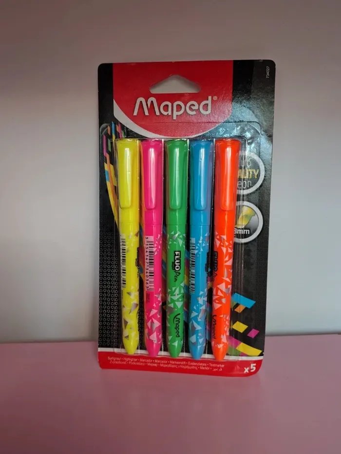 1 boîte de 5 fluo maped jaune rose bleu vert orange neuf