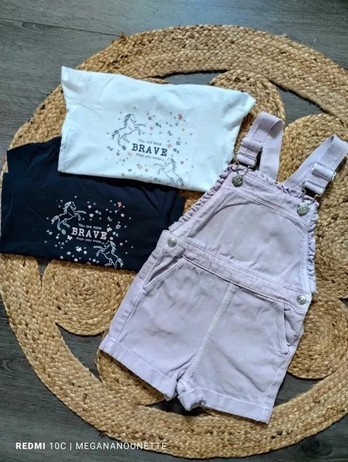 🌼 Ensemble 3 Pièces – Kiabi – Taille 4 Ans – Salopette Lila + 2 Blouses Fleurie – Très Bon État