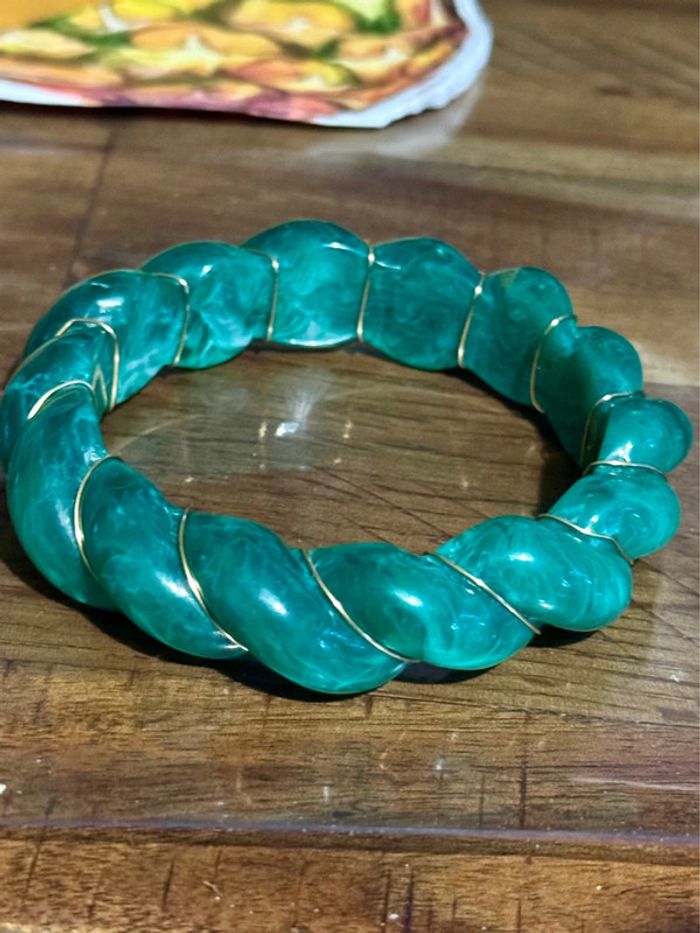 Jonc mile Mila torsades tressé résine verte reflets fils or acier inoxydable or taille M - photo numéro 2