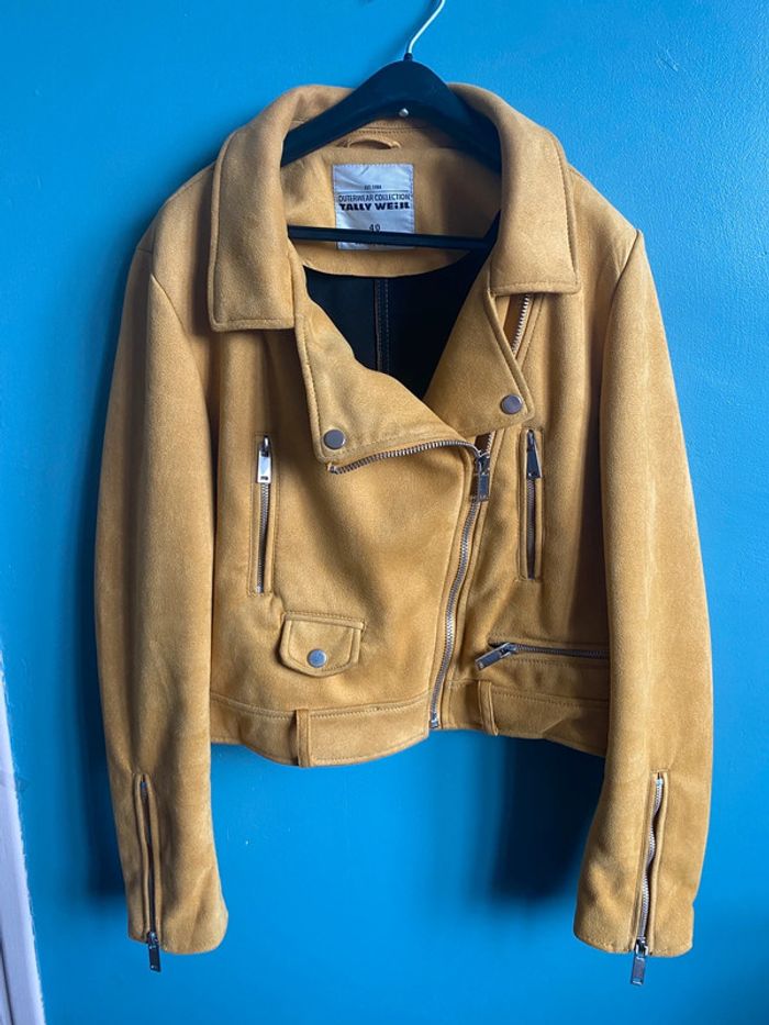 Blouson perfecto style biker en effet daim jaune moutarde