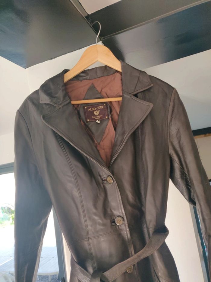 Blouson long en cuir ceinturé Also cuir vintage femme taille 38 - photo numéro 3