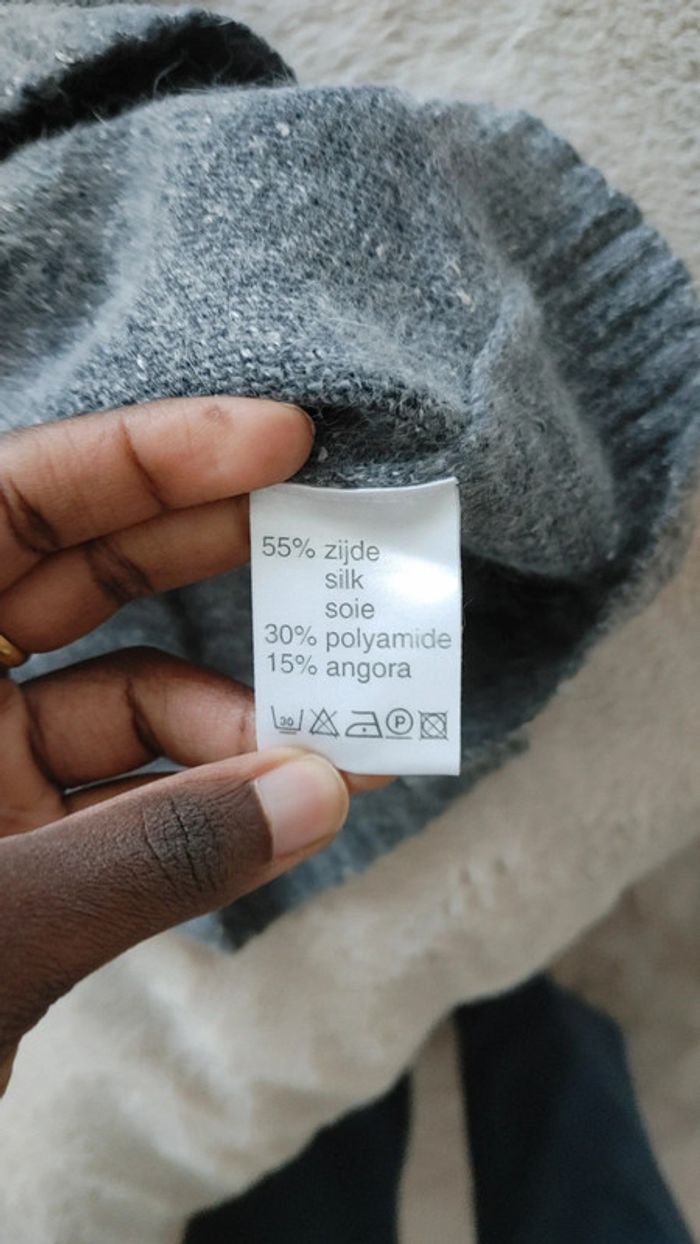 Pull sans manche col V gris perle en soie polyamide et angora - photo numéro 13