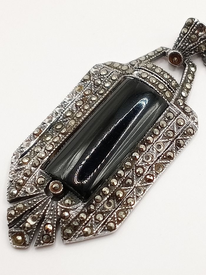 Collana argento 925 vintage antica stile art decò ciondolo onice e marcasiti - photo numéro 4