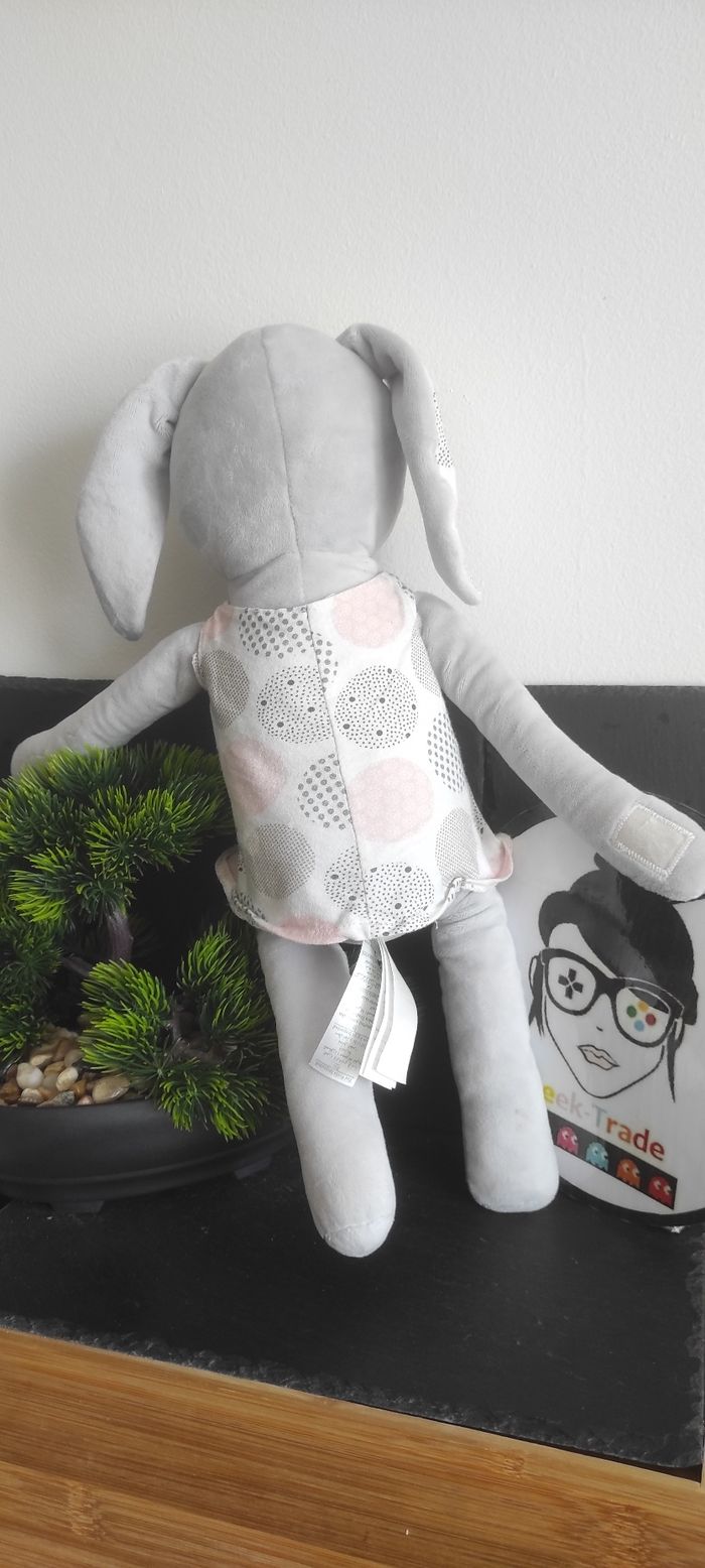 Doudou Lapin gris rose blanc robe obaibi okaidi  peluche rond Pois Endormi - photo numéro 2