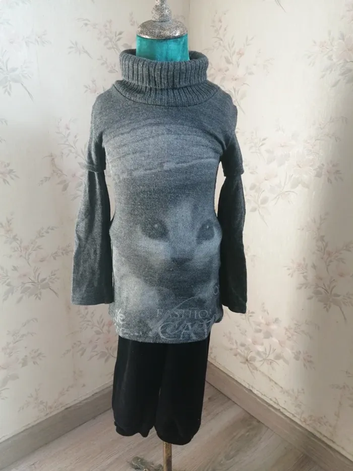 Pull tunique gris avec col montant et imprimé tête de chat / fpc / (8ans) - photo numéro 2