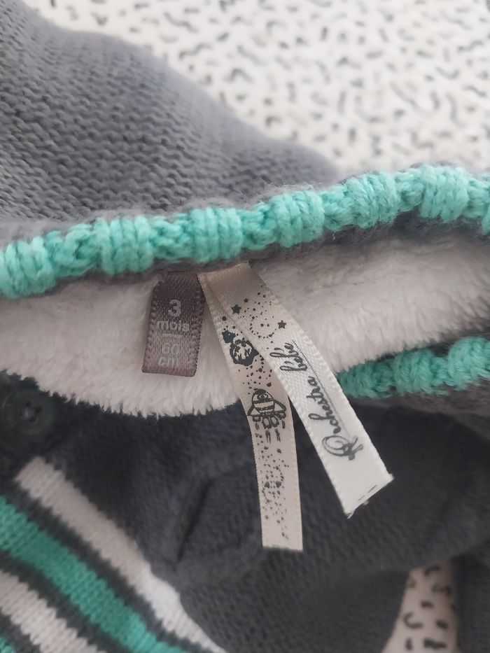 Gilet bébé 3 mois 60 cm gris doublé polaire chaud coton laine comme neuf - photo numéro 2
