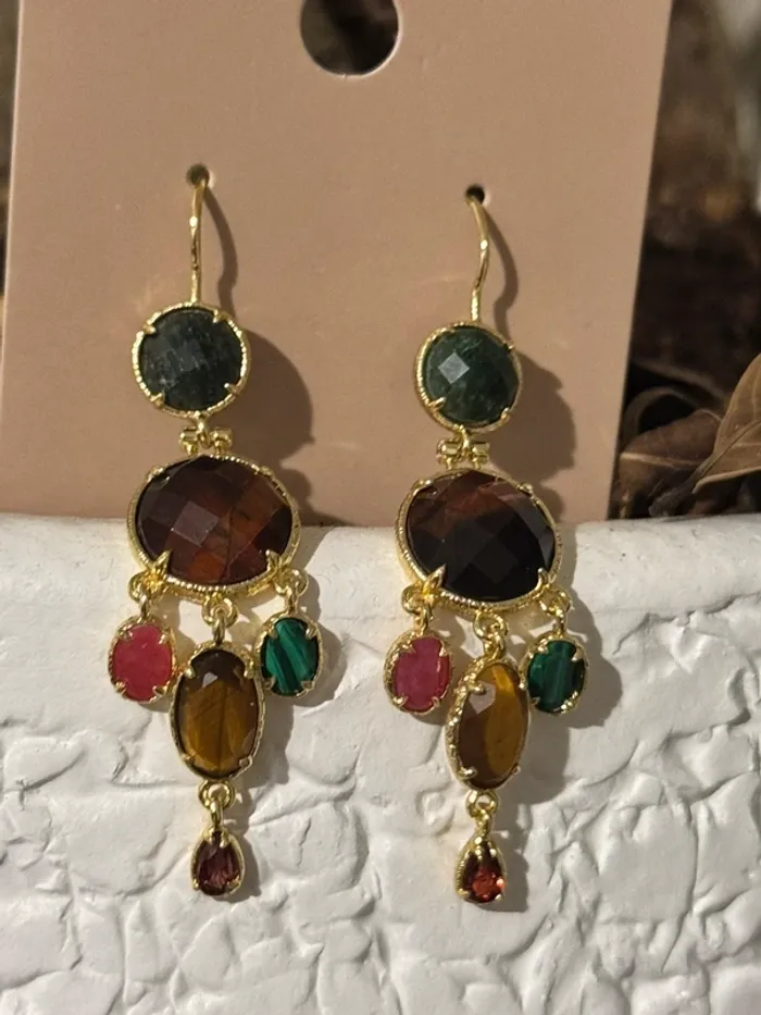 Boucles d’oreilles habaha Paris acier inoxydable or pierres amazonite  œil de tigre jade - photo numéro 2