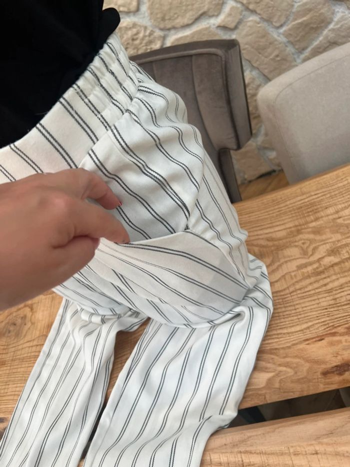 Pantalon femme blanc en lin à rayures été léger stradivarius XS 34 - photo numéro 4