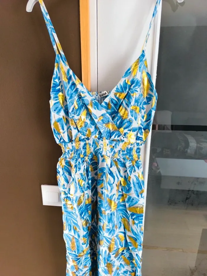 Robe longue imprimée tropicale bleue et dorée femme 40/42 - photo numéro 11