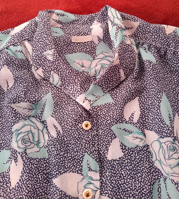 Blouse manches courtes vintage marine et turquoise - photo numéro 4