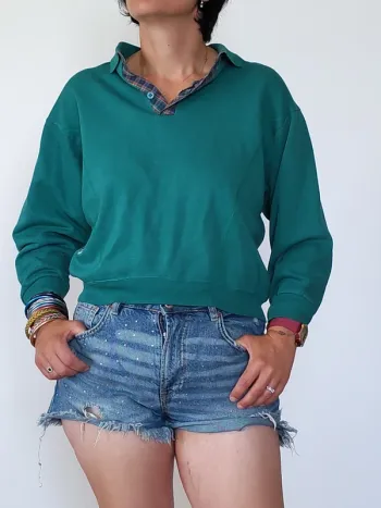 Pull K-Way vintage – col chemise tartan intégré – vert émeraude