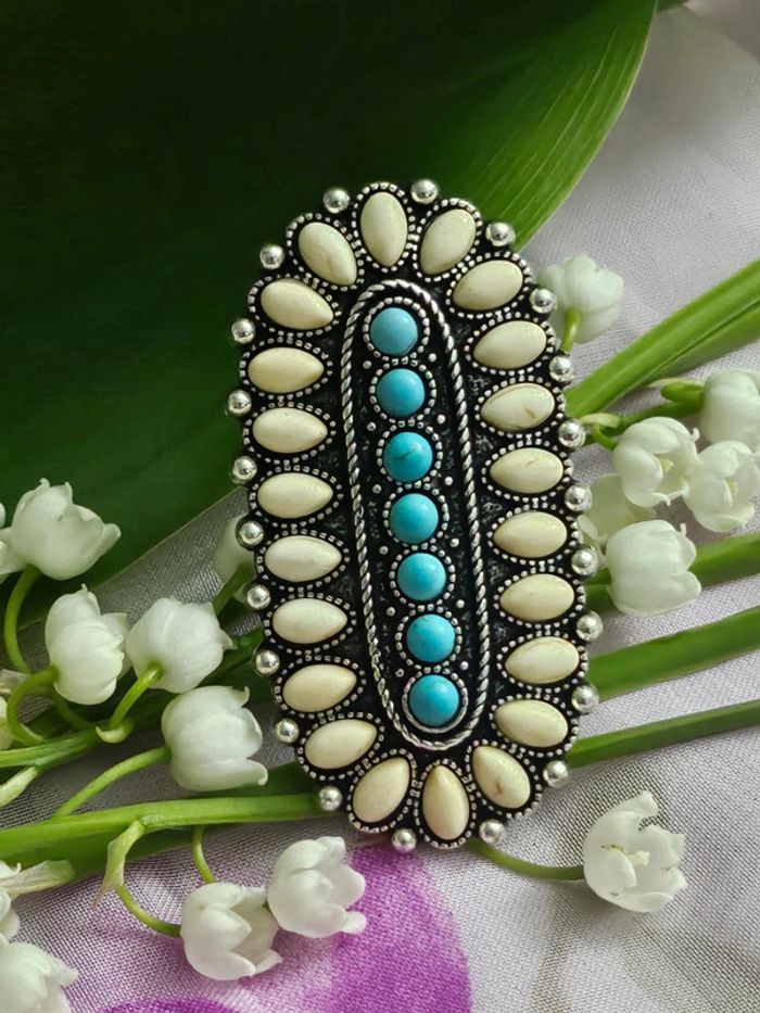 Bague ajustable avec ses pierres howlite et turquoise en acier inoxydable - photo numéro 2