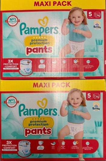 Lot de 2 cartons de couches Pampers Premium Pants taille 5 148 couches
