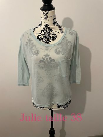 T-shirt manches 3/4 col rond poche devant transparent bleu clair Julie taille 38