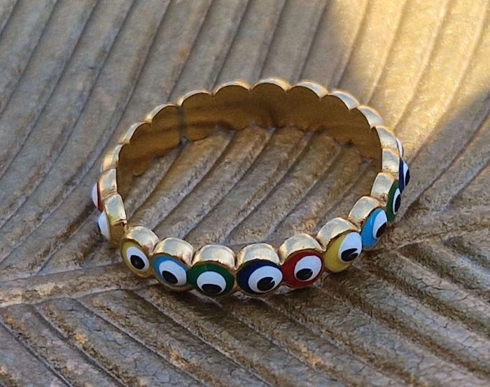 Bague réglable acier inoxydable or oeils résine couleurs