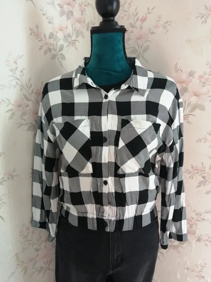 Chemise courte blanche et noire à carreaux manches 3/4 / tally weijl / (XL) - photo numéro 3