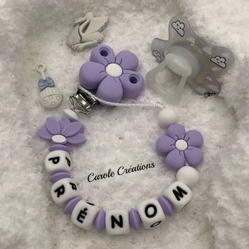 Attache tétine personnalisée en silicone marguerite mauve