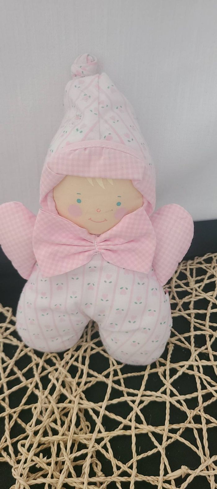Doudou Poupée Chiffon Noeud Vichy Cœur Rose Vert Grelot Vintage Corolle Fleur