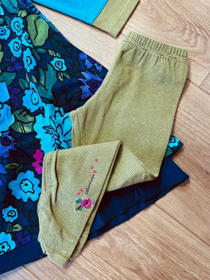 Taille 4 ans tenue 2 pièces fille Catimini bleu turquoise et vert * fleurs rayures * 🩷 - photo numéro 2
