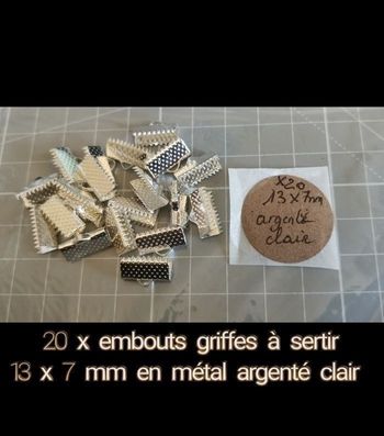 20 embouts griffes 13 x 7 mm à sertir en métal argenté clair