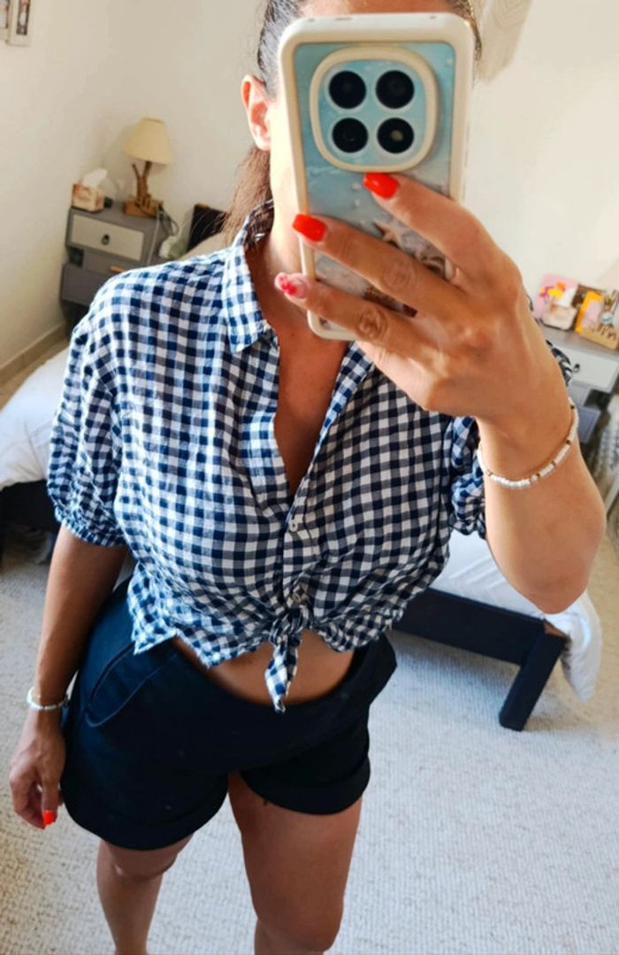 Chemisier court croc top Violeta by Mango L vichy bleu marine à carreaux coton élasthanne - photo numéro 3